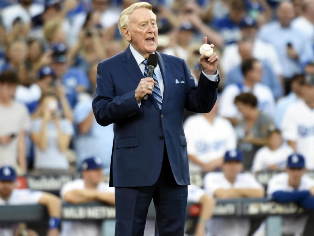 LOS ANGELES, CA - OCTOBER 25:  Vin Scully addresses the crowd during the pre-game ceremony prior to Game 2 of the 2017 World Series between the Houston Astros and the Los Angeles Dodgers at Dodger Stadium on Wednesday, October 25, 2017 in Los Angeles, California. (Photo by LG Patterson/MLB via Getty Images)