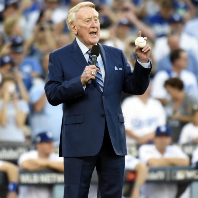 LOS ANGELES, CA - OCTOBER 25:  Vin Scully addresses the crowd during the pre-game ceremony prior to Game 2 of the 2017 World Series between the Houston Astros and the Los Angeles Dodgers at Dodger Stadium on Wednesday, October 25, 2017 in Los Angeles, California. (Photo by LG Patterson/MLB via Getty Images)