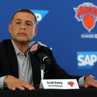 Sep 25, 2017; Greenburgh, NY, USA; New York Knicks general manager Scott Perry speaks to the media on media day at MSG Training Center. Mandatory Credit: Brad Penner-USA TODAY Sports
