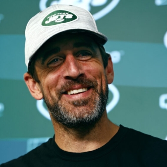 FLORHAM PARK, NEW JERSEY - JUNE 9: Quarterback Aaron Rodgers #8 of the New York Jets talks to reporters after the teams OTAs at Atlantic Health Jets Training Center on June 9, 2023 in Florham Park, New Jersey. (Photo by Rich Schultz/Getty Images)